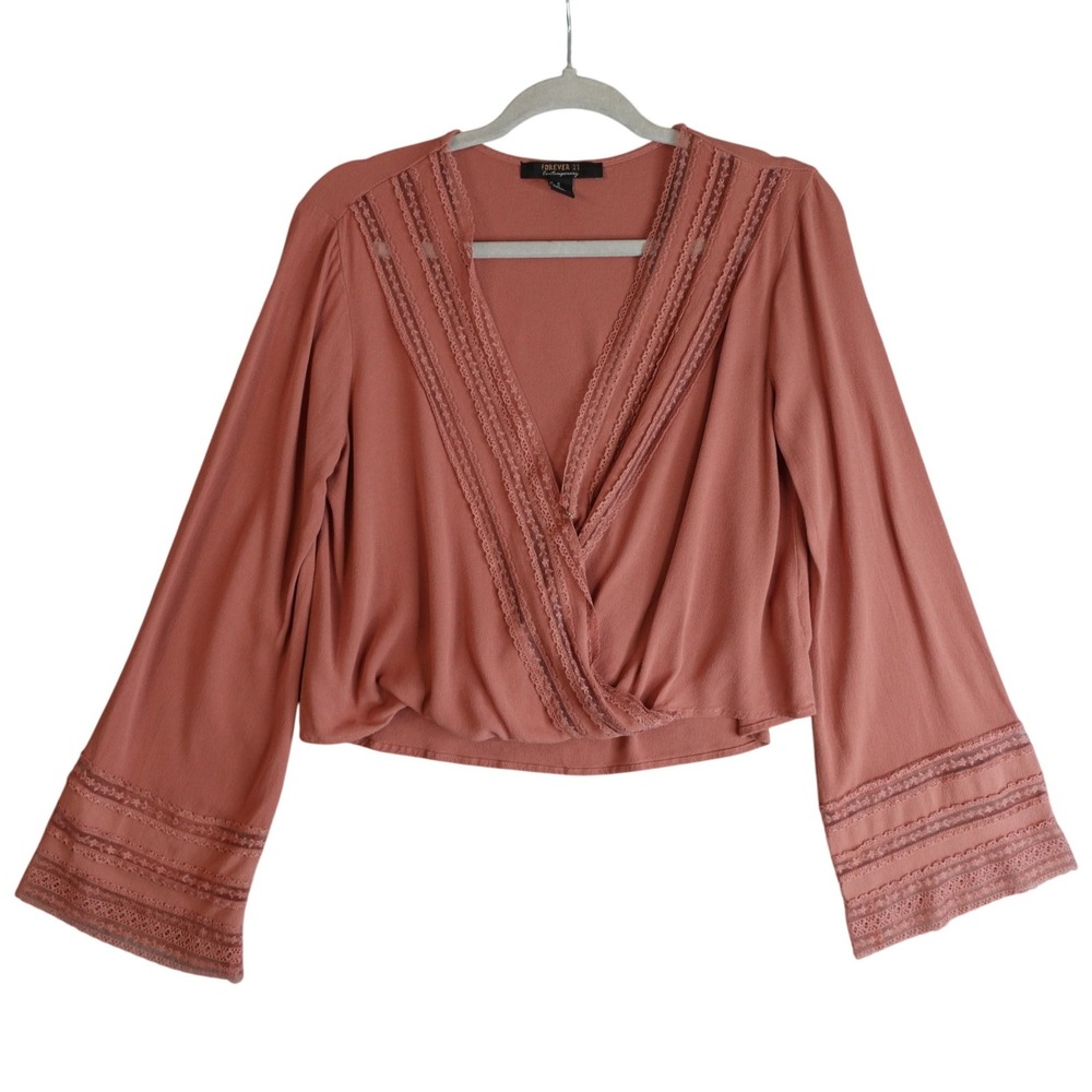 Vintage 90s Forever 21 Lace Trim Dusty Pink Wrap Top M Boho Fairy Romantic Flowy